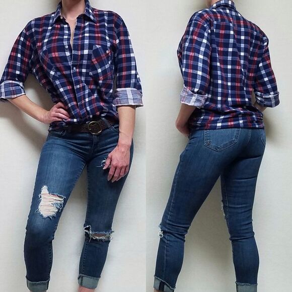 VINTAGE 90s American Edition Red White Blue Plaid Flannel Button Up Grunge Shirt - Picture 1 of 6